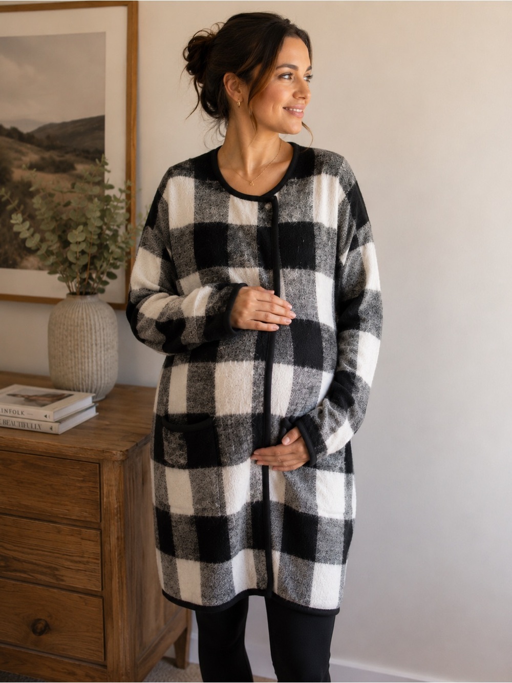 Hatch O/S baby alpaca, merino blend Black White Plaid Cardigan great condition